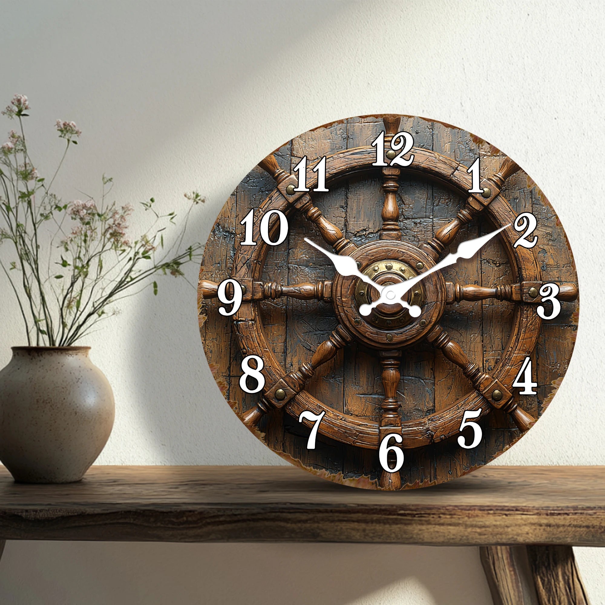 Antique Wooden Ship Steering Wheel Wall Clock - Nautical Decor for Office