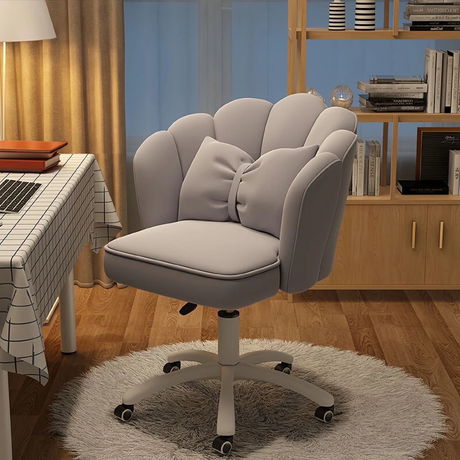 Velvet Swivel Chair with Adjustable Height & Lumbar Pillow  Home Office Study