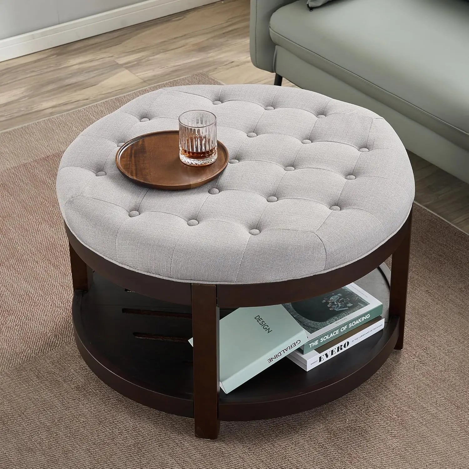 Large Round Ottoman Coffee Table with Storage, Upholstered Button Tufted