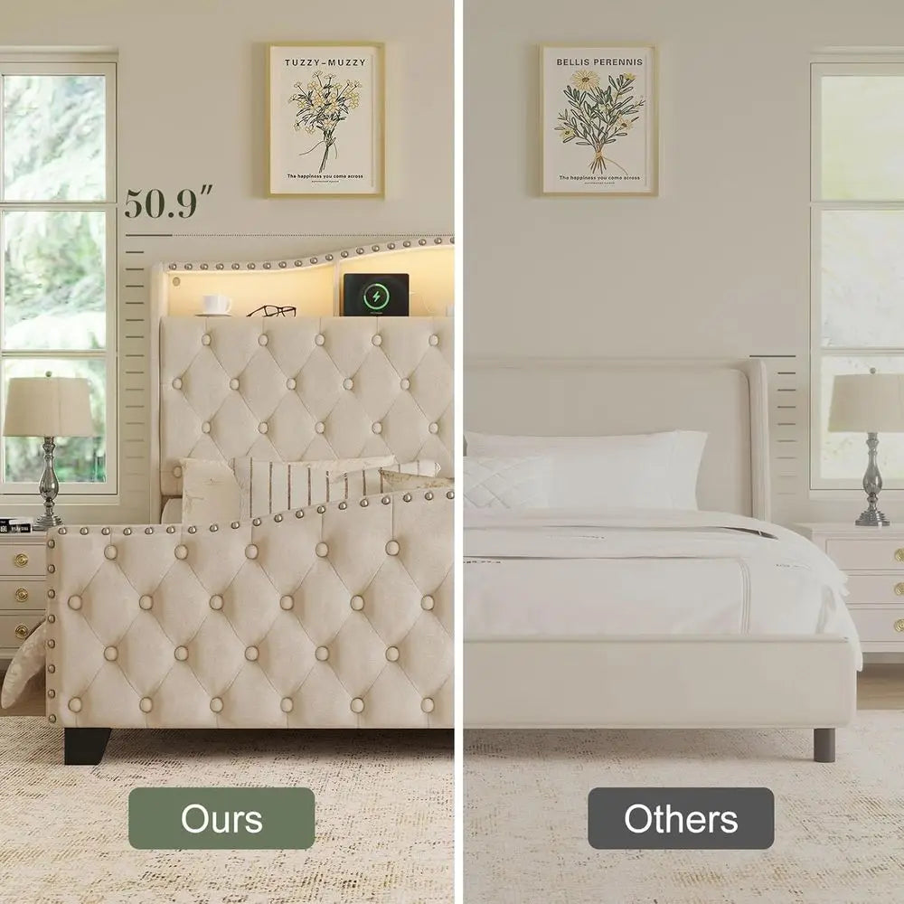 Velvet Wingback Bed Frame with LED Lights, Storage, and Charging Station - No Box Spring Needed,Customized