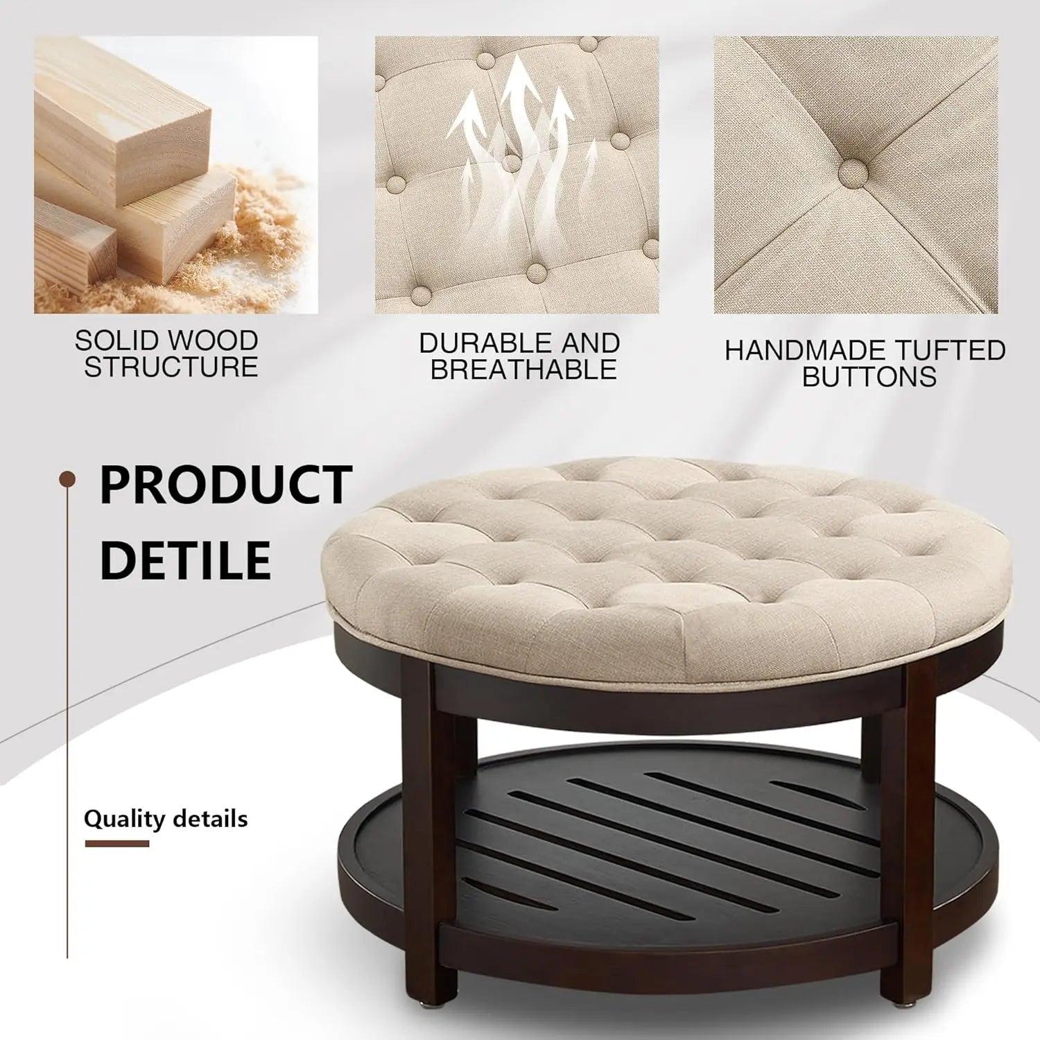 Large Round Ottoman Coffee Table with Storage, Upholstered Button Tufted