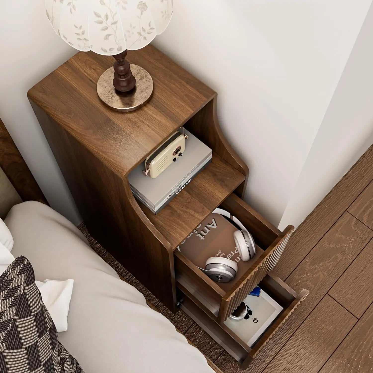 Fluted Narrow Nightstand Set Of 2, Skinny Bedside Table With 2 Drawers