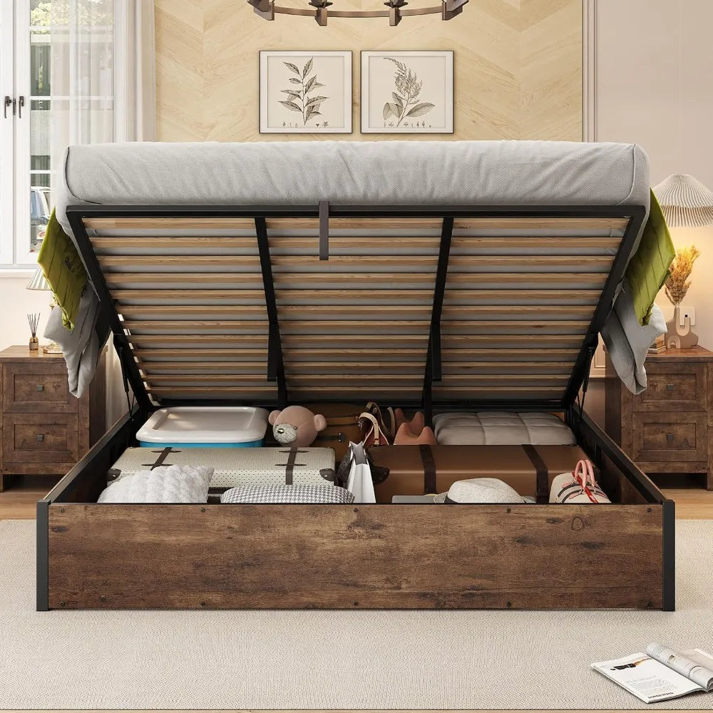 Queen Lift-Up Storage Bed — Wooden Platform with Under-Bed Storage