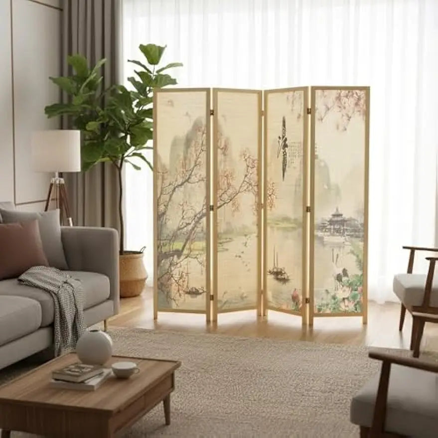 6FT Folding Bamboo Room Divider with Cherry Blossom Scene, Beige Wood Frame