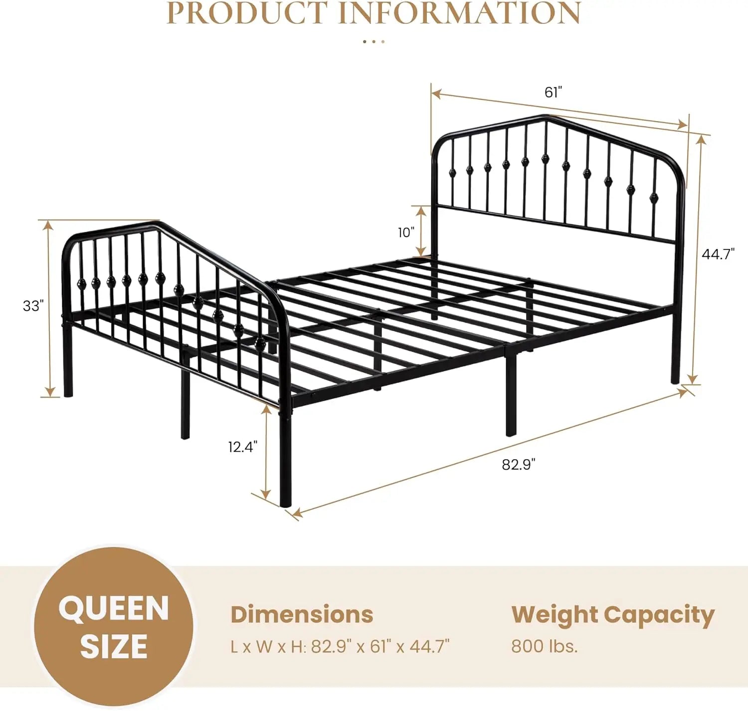 Queen Size Metal Platform Bed Frame with Victorian Iron Headboard, Black