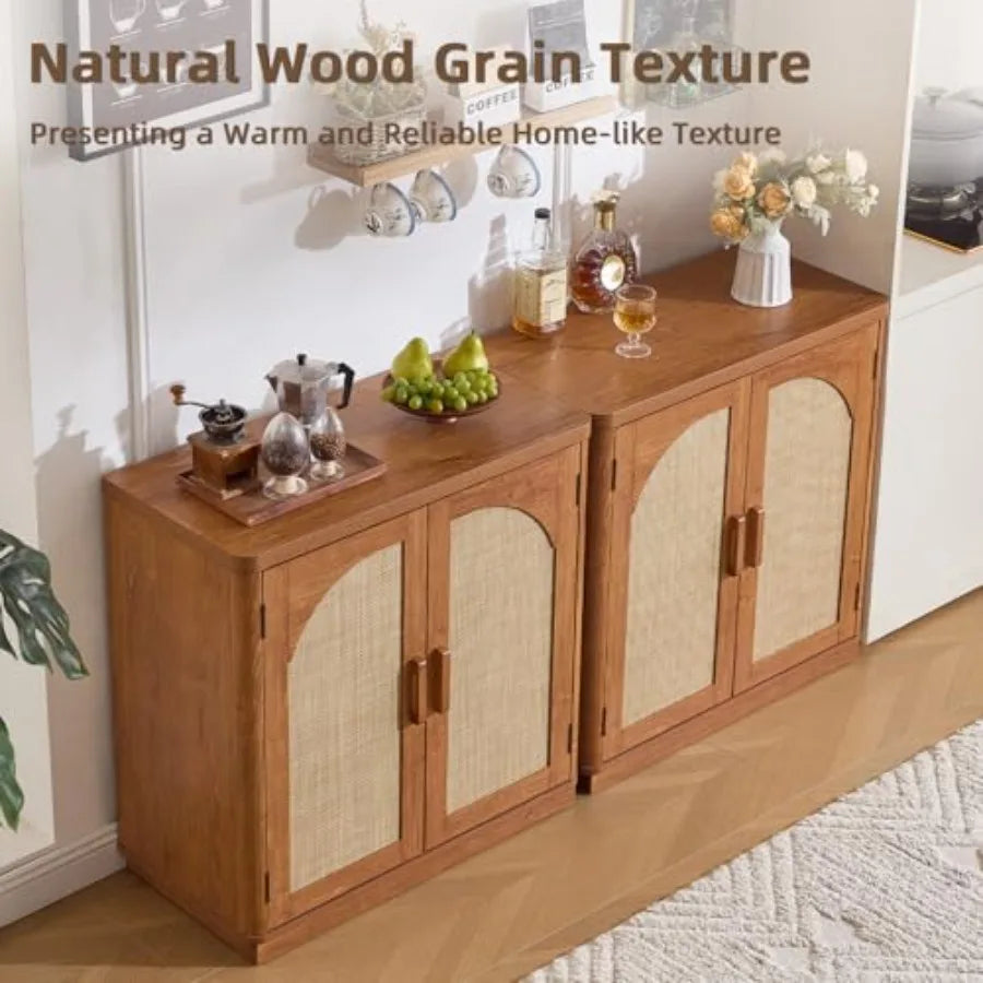 Rattan Sideboard Buffet Cabinet for Kitchen and Living Room Brown Wood