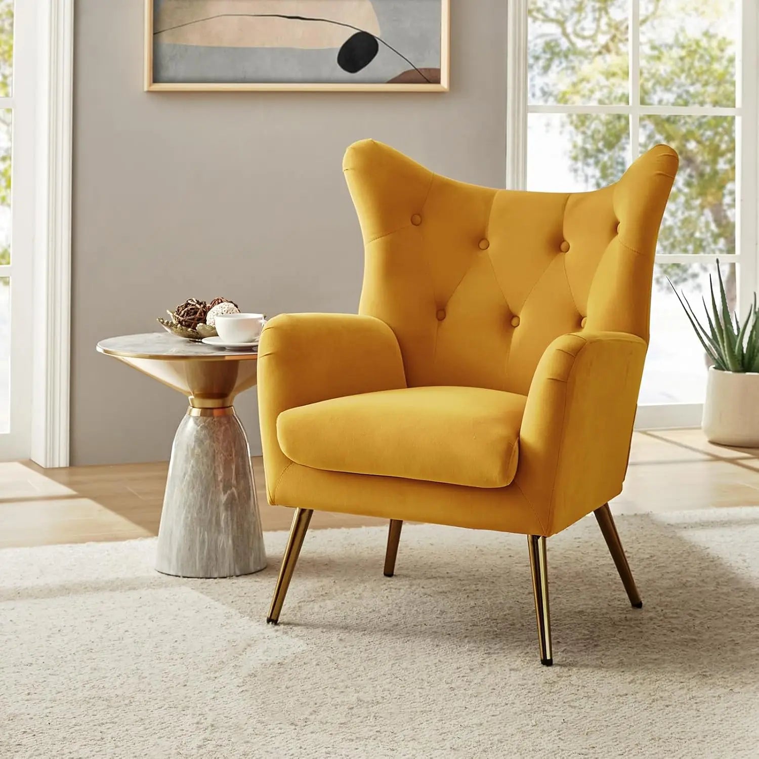 Velvet Accent Chair, Modern Wingback Arm Chair with Metal Gold Legs