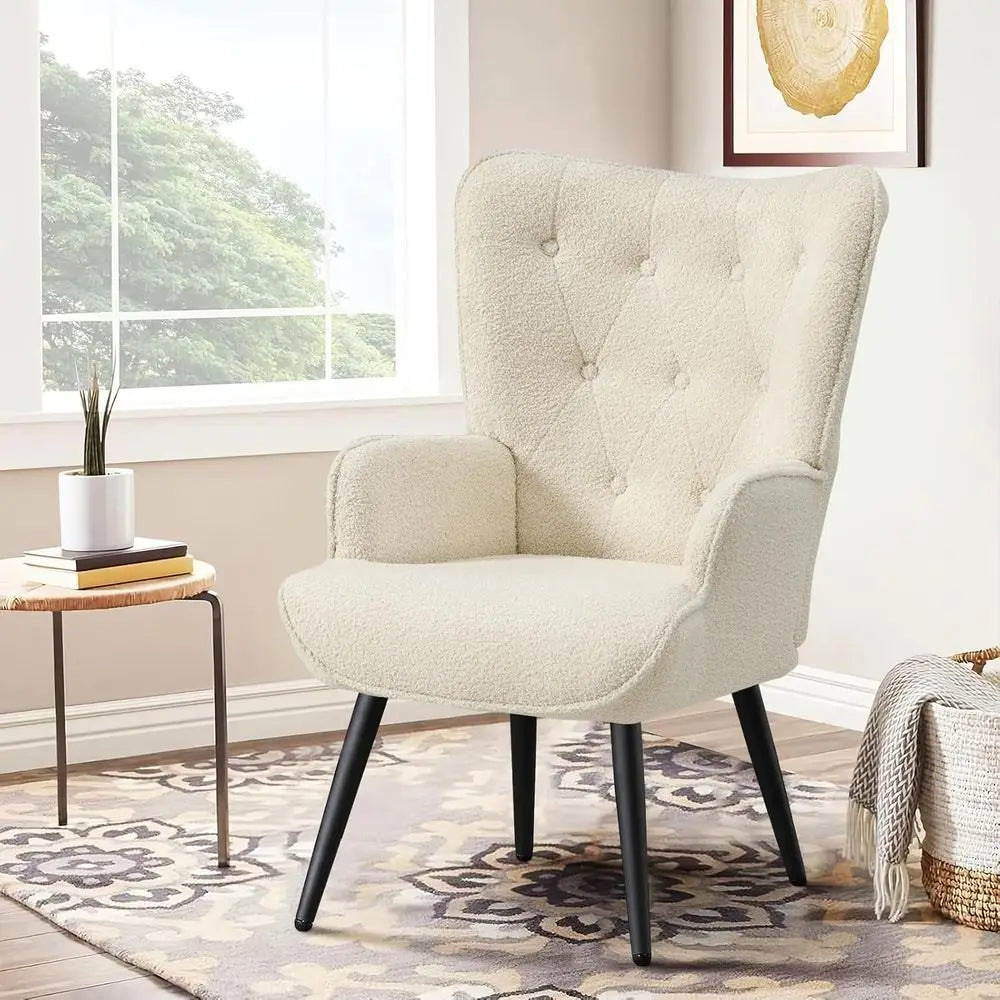 Ivory High-Back Wingback Chair Tufted Accent for Living Room or Bedroom