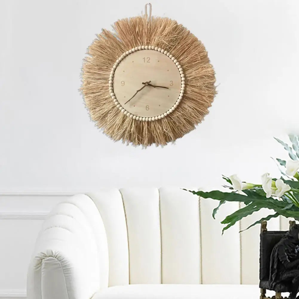 Nordic Straw Wall Clock Hand Woven Round Wall Art Decor Farmhouse Clock