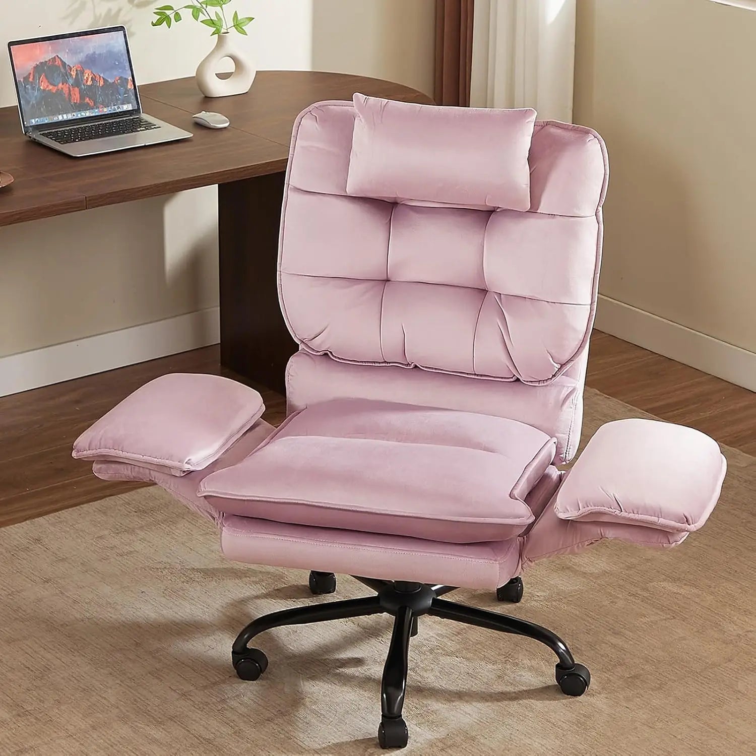 Pink Velvet Criss Cross Chair Flip-Up Armrests Side Pockets Big Tall Desk Chair