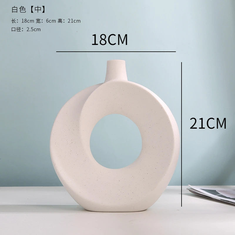 Nordic Ceramic Vase Circular Hollow Donuts Flower Pot Home Living Room