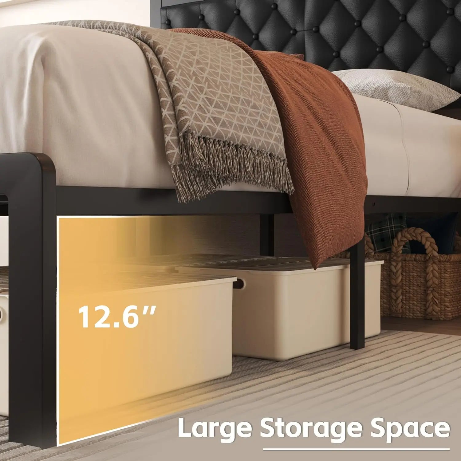 Bed Frame with Headboard PU Leather Upholstered Bed Frame Platform,All Metal Slats Support Platform Bed Frame, Customized