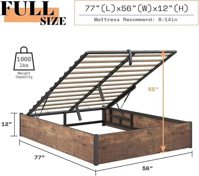 Queen Lift-Up Storage Bed — Wooden Platform with Under-Bed Storage