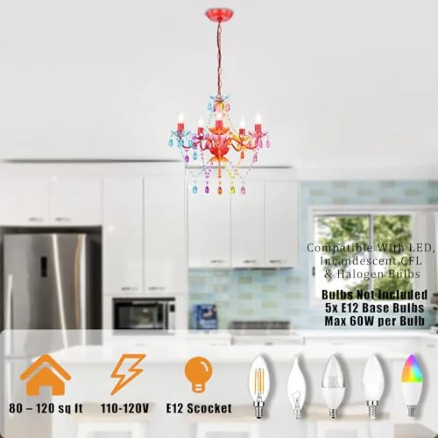 Colorful Small Crystal Chandelier for Girls Bedroom 5-Light Acrylic Chandelier