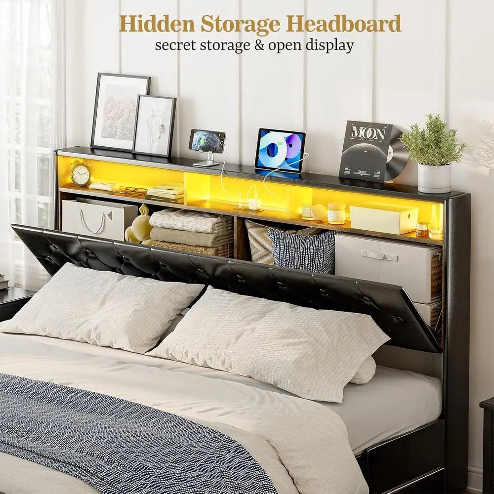 California King Bed with 4 Drawers, Hidden Storage, Upholstered Platform