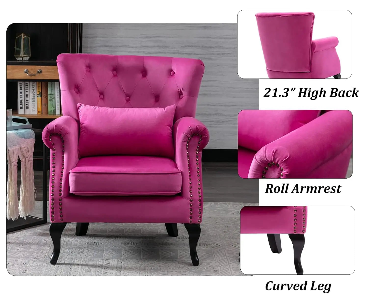 Mid Century Button Tufted Velvet Wingback Accent Club Chair With Pillow