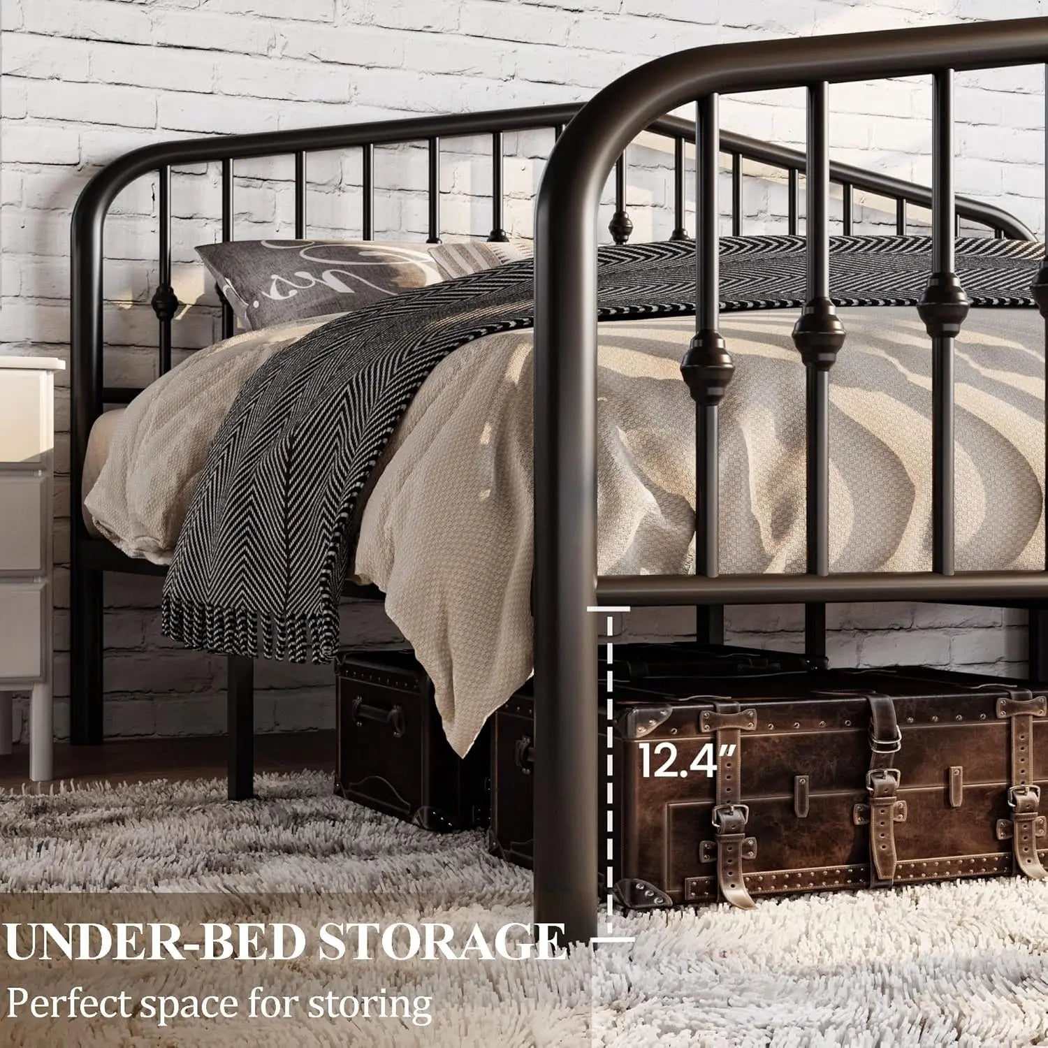 Queen Size Metal Platform Bed Frame with Victorian Iron Headboard, Black