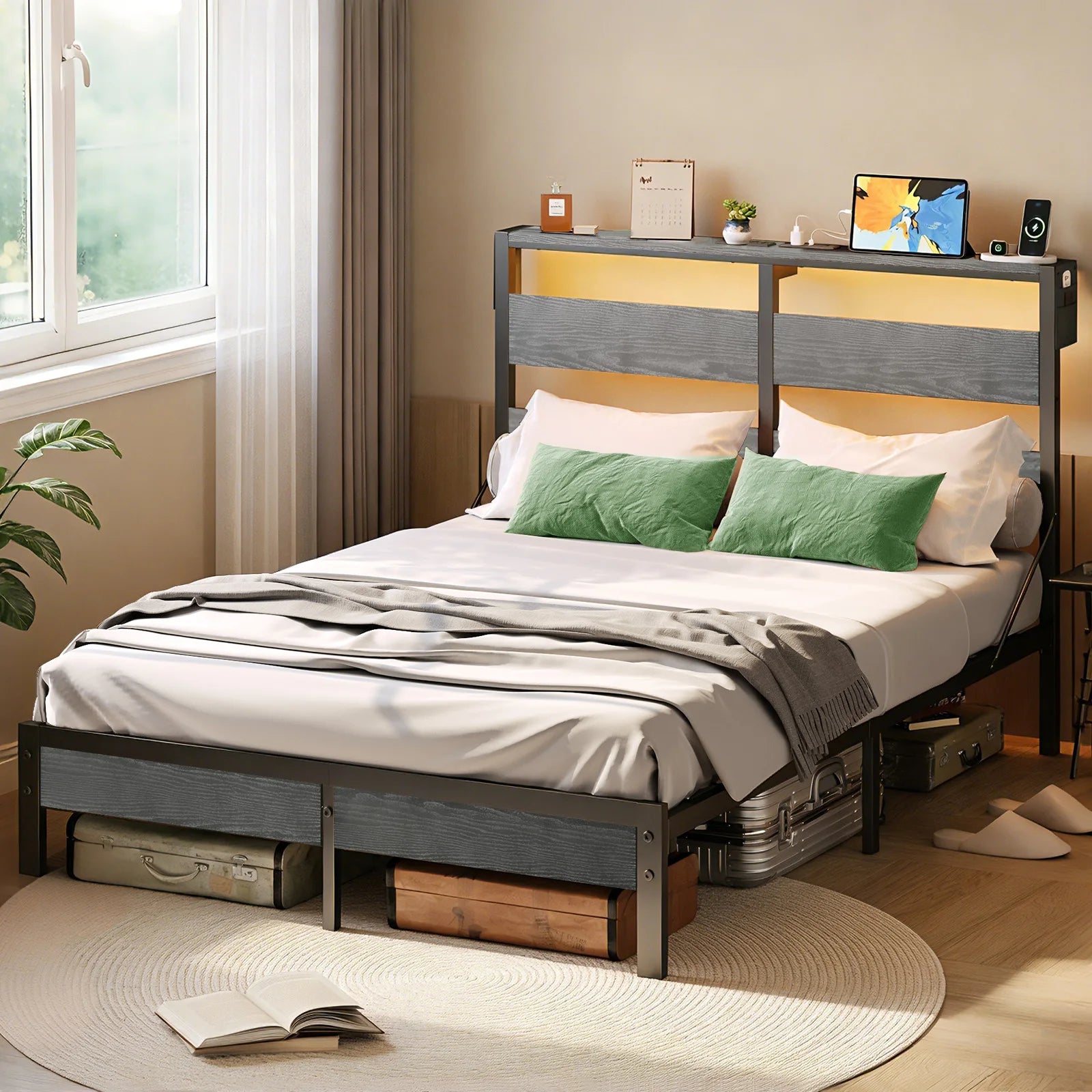Queen Bed Frame with Headboard and Charging Station Non Slip Queen Bed