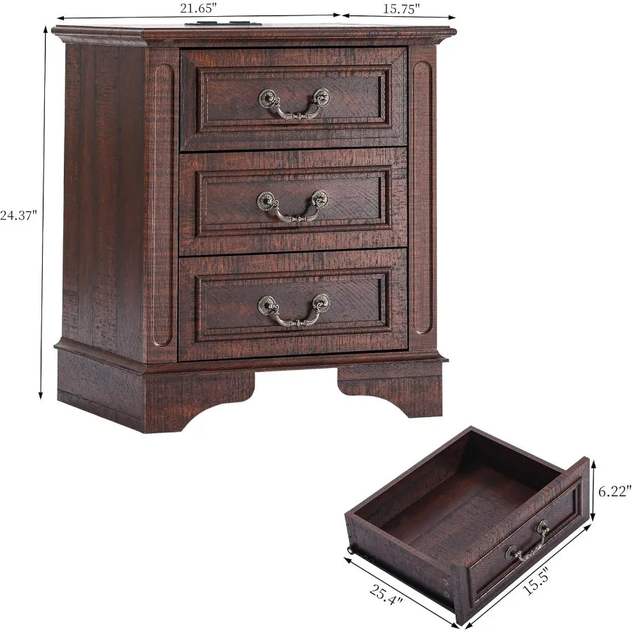Nightstand with Charging Station Wooden Bedside Table with 3 Drawers for Bedroom