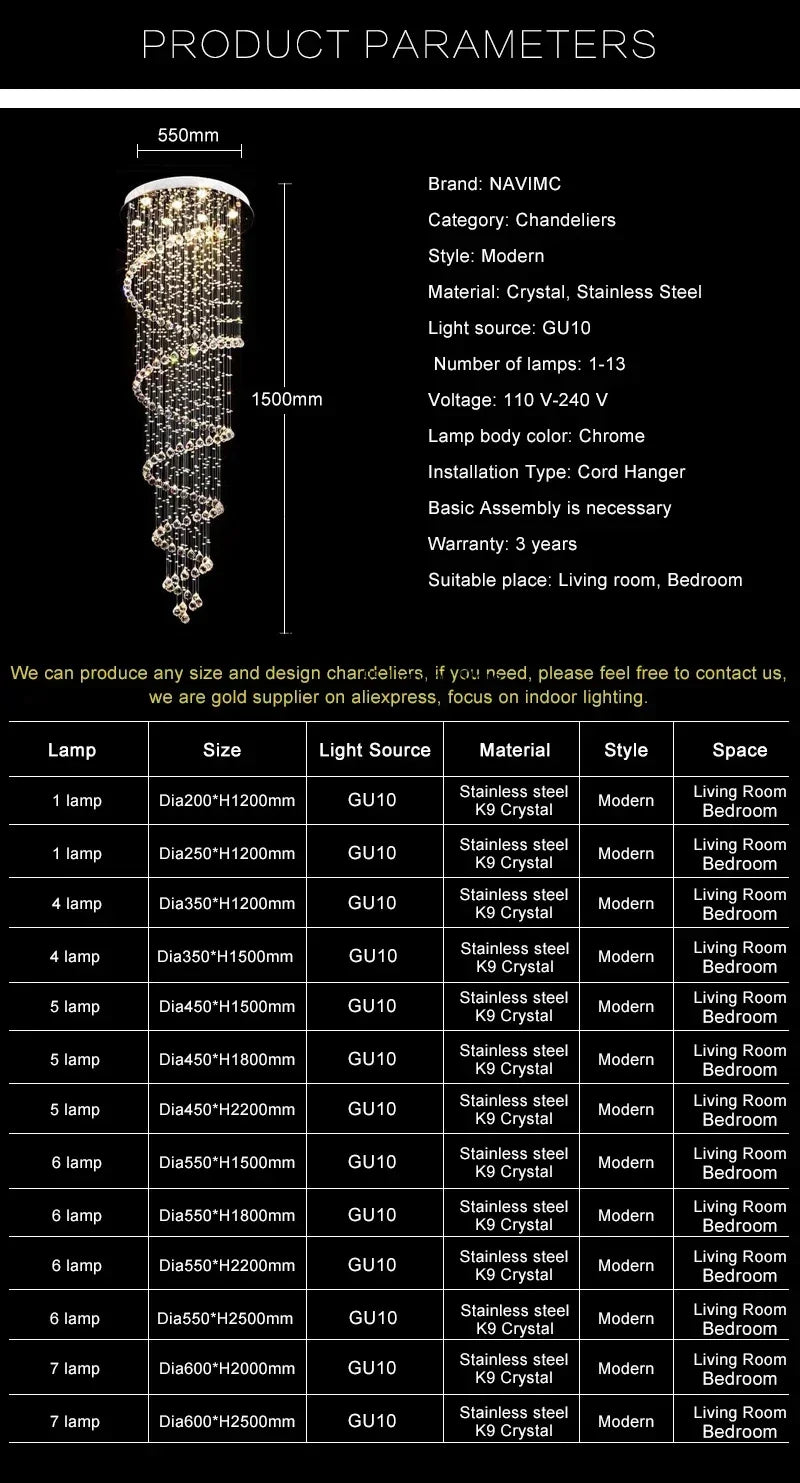 Modern Large K9 Crystal LED Chandeliers for Spiral Living Room Staircase Lamp