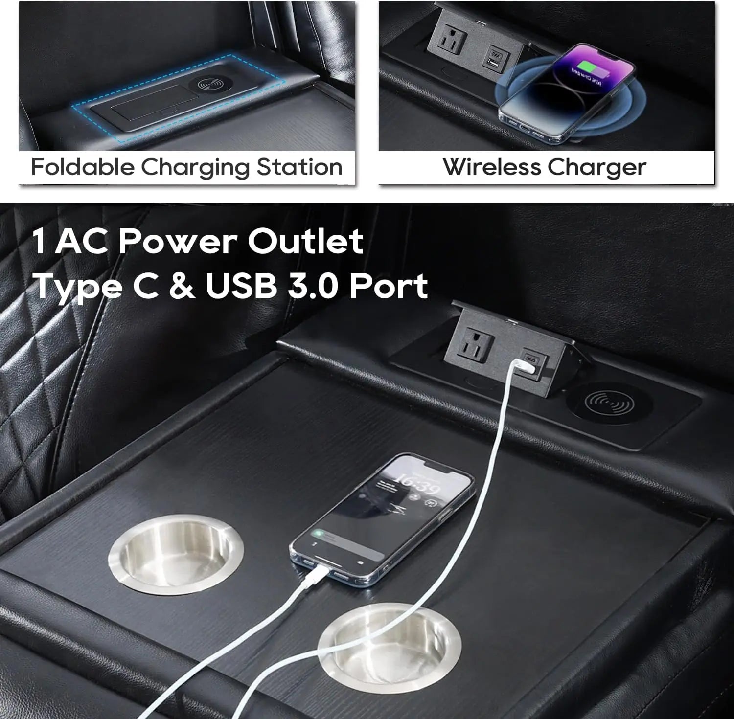 Power Reclining Sofa — Wireless Charging, LED Lights & Drop-Down Table