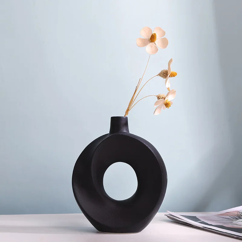 Nordic Ceramic Vase Circular Hollow Donuts Flower Pot Home Living Room