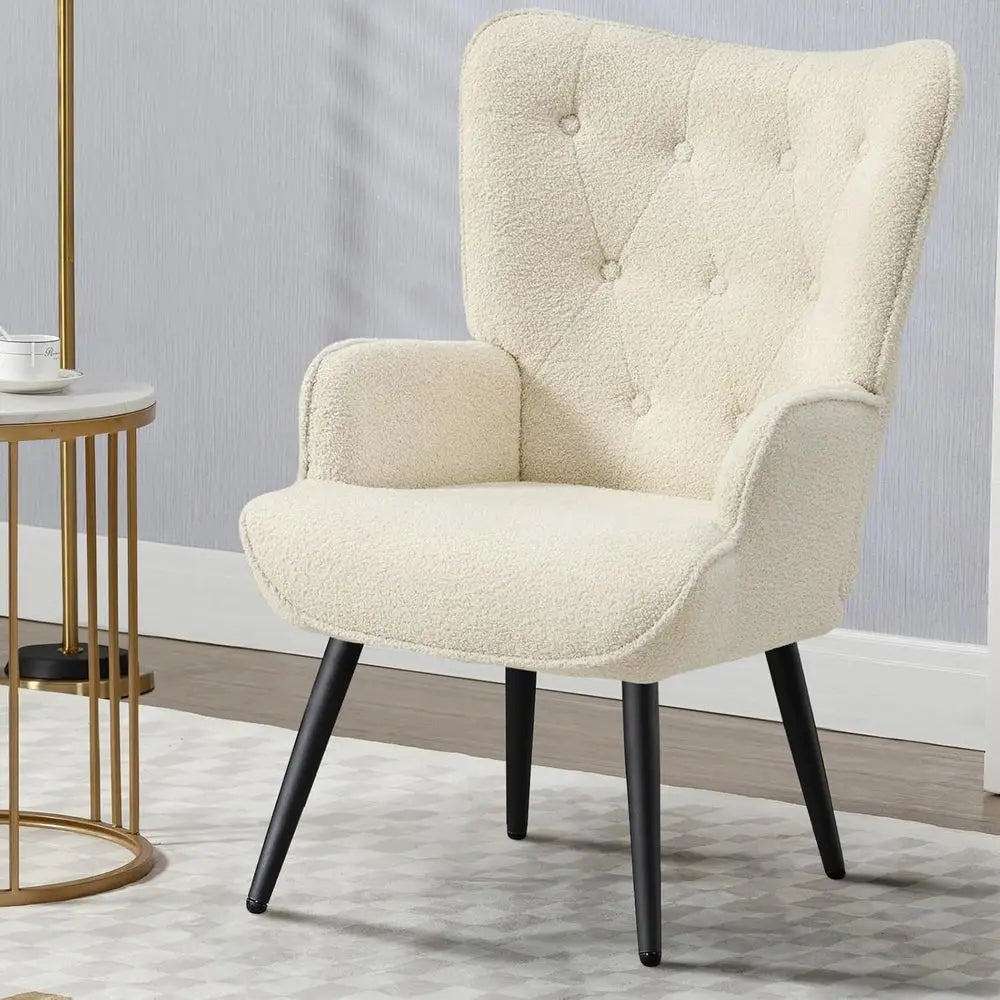 Ivory High-Back Wingback Chair Tufted Accent for Living Room or Bedroom
