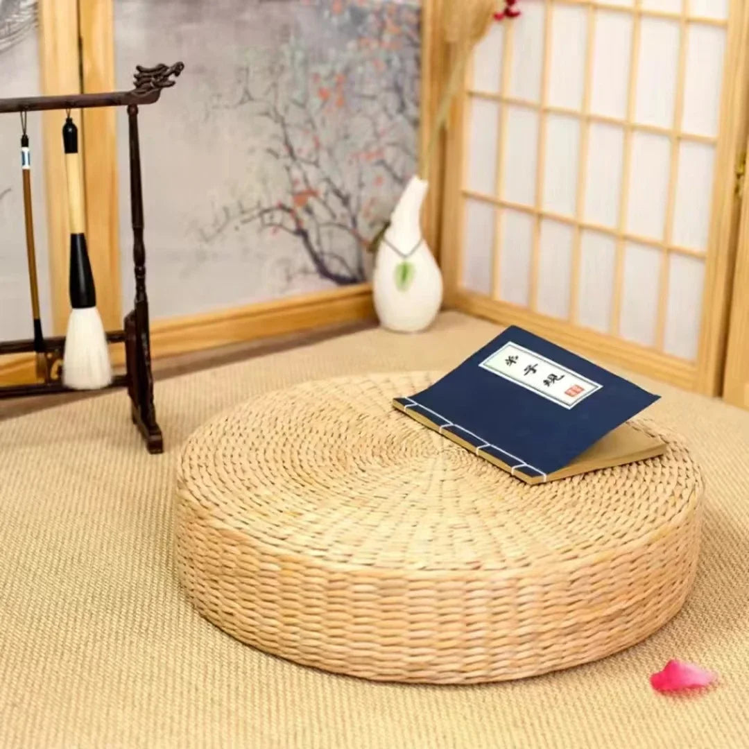 Handmade Woven Natural Straw Round Pouf Tatami Cushion Floor Cushion Home