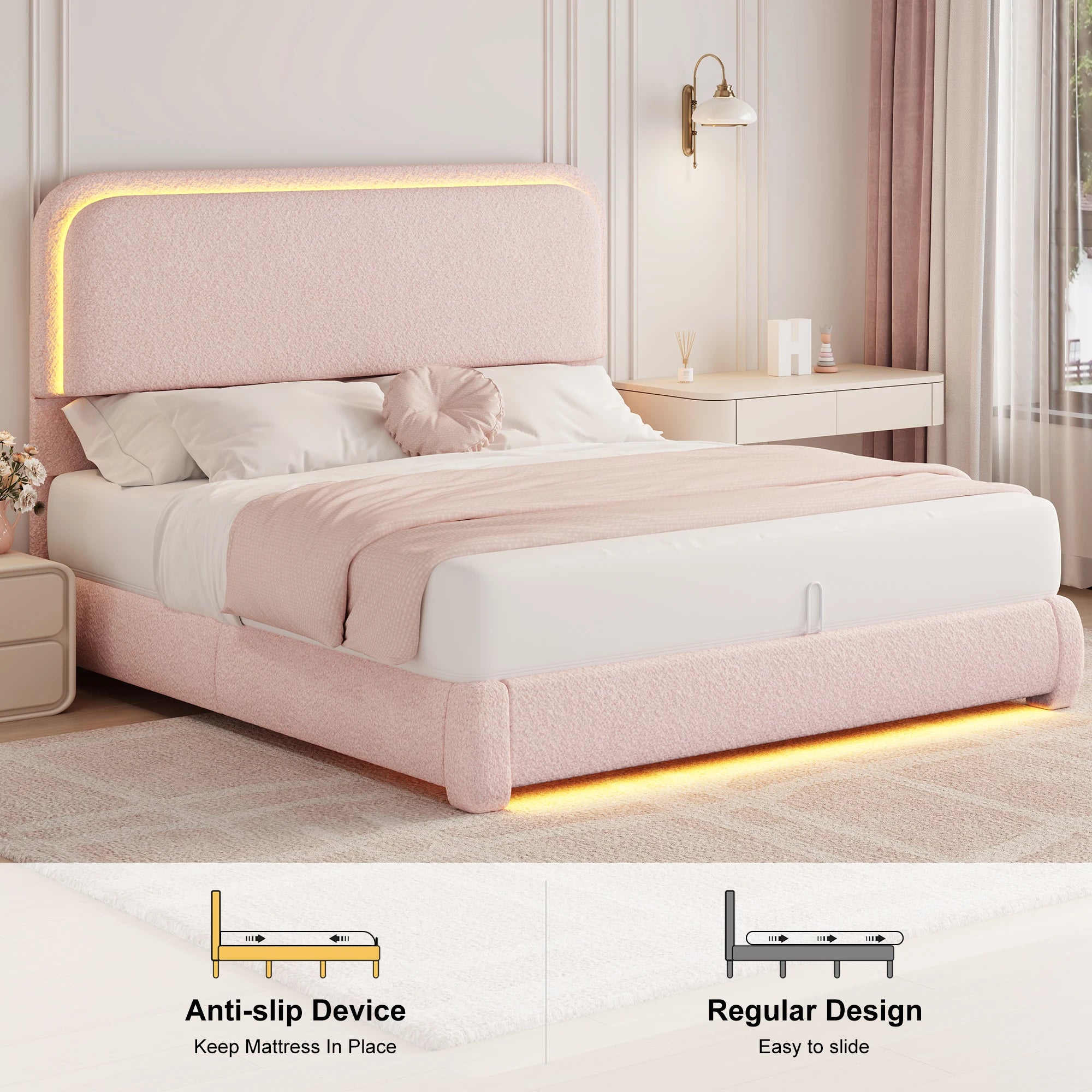 Full Size LED Bed Frame with Storage Drawers, Teddy Upholstery, Rounded