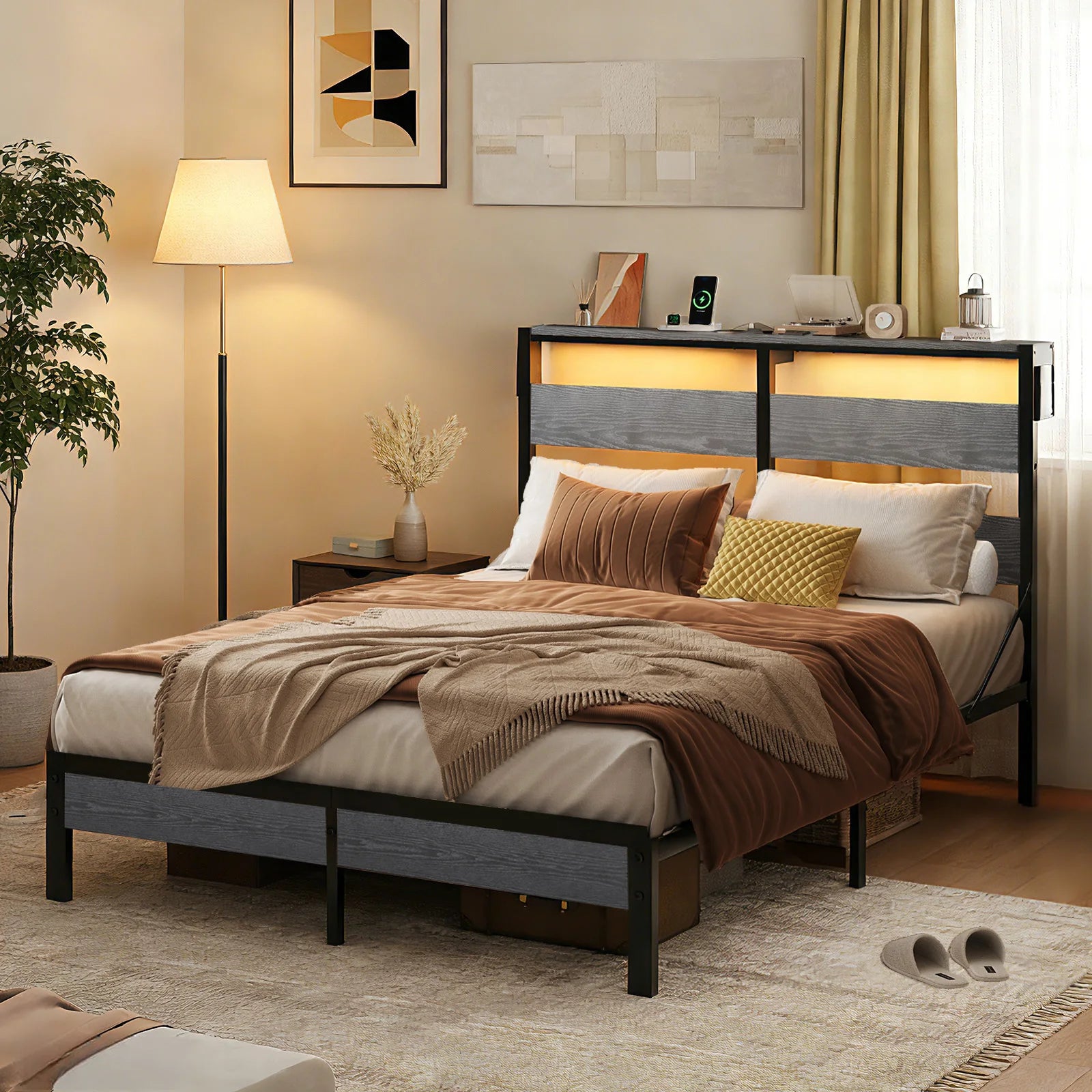 Queen Bed Frame with Headboard and Charging Station Non Slip Queen Bed