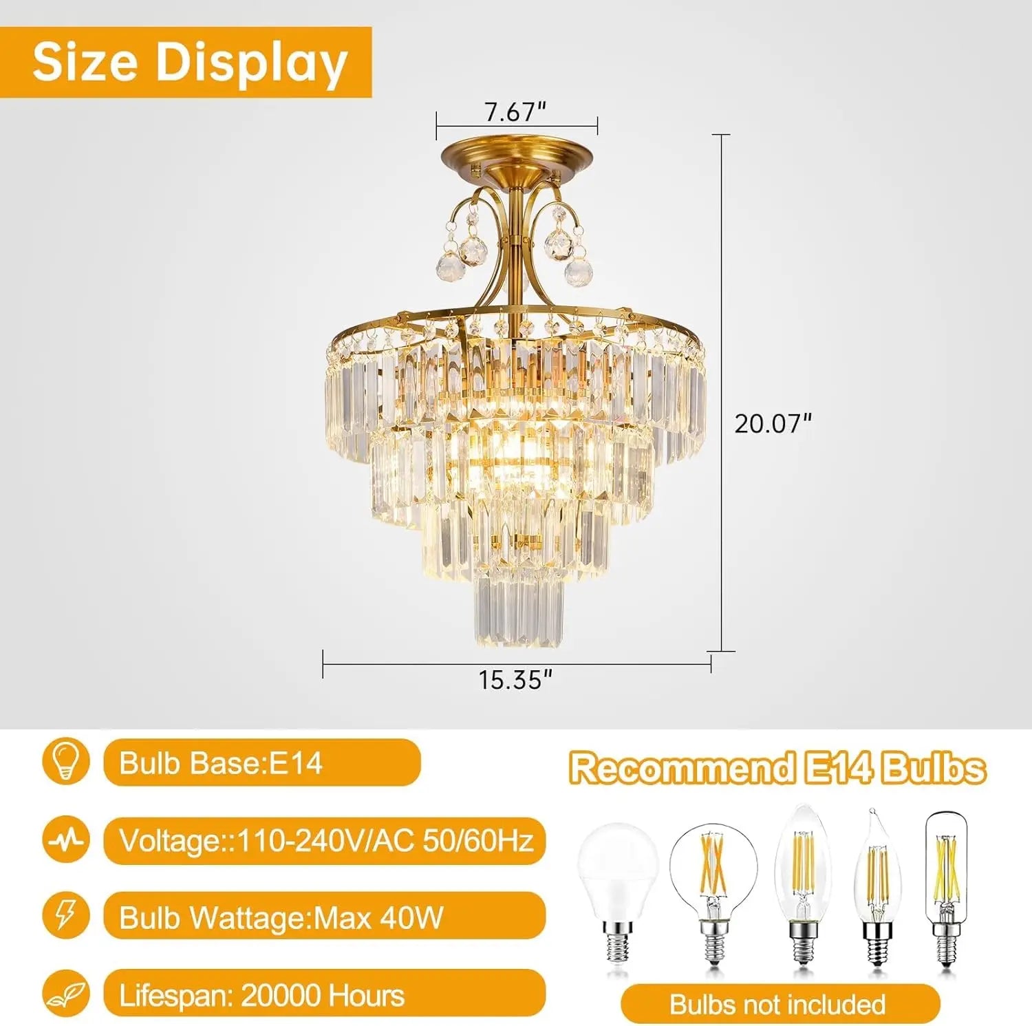 Luxury Gold Crystal Ceiling Light, Round Dimmable Semi-Flush Mount Modern