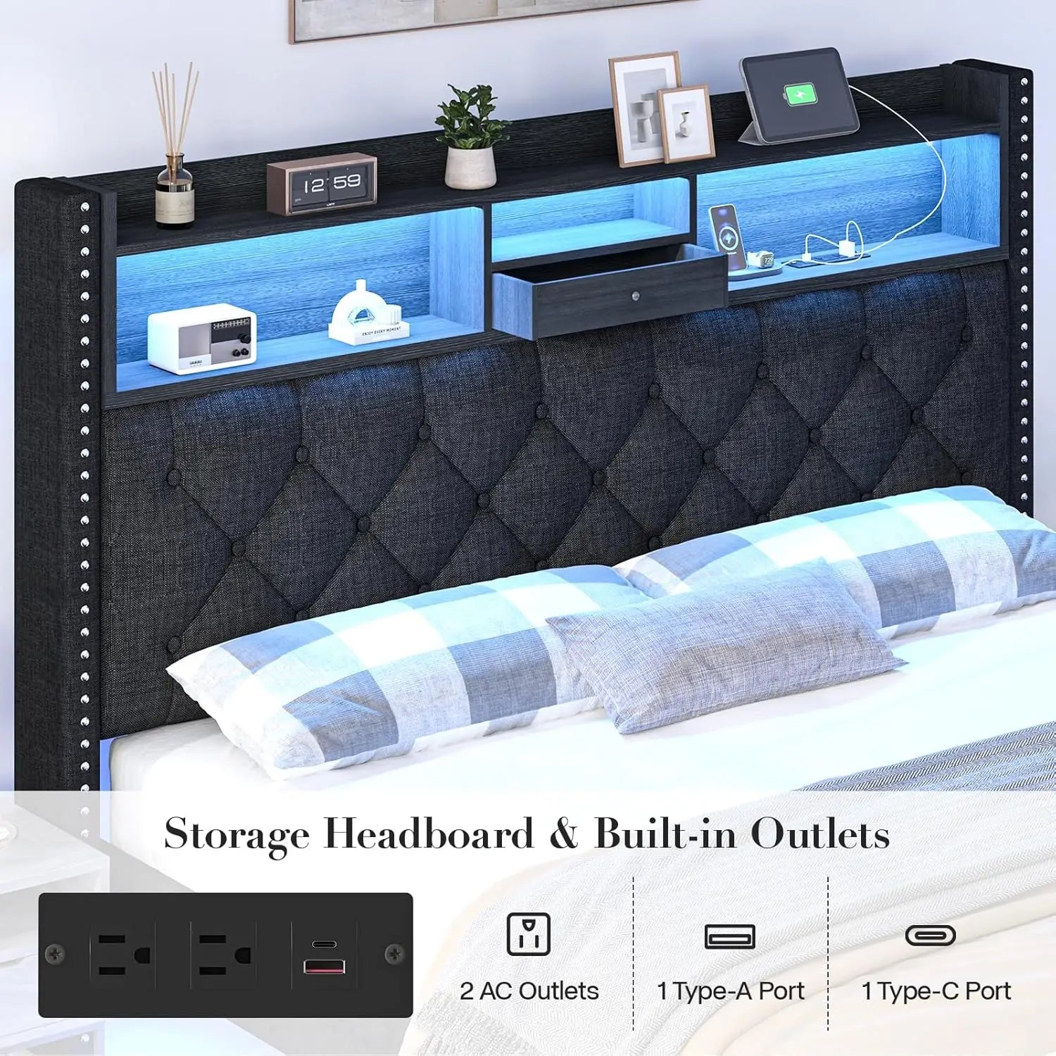 Linen Full Size Bed Frame with 2-Tier Storage Headboard and Charging Station, Upholstered Platform Bed Frames with, Customized