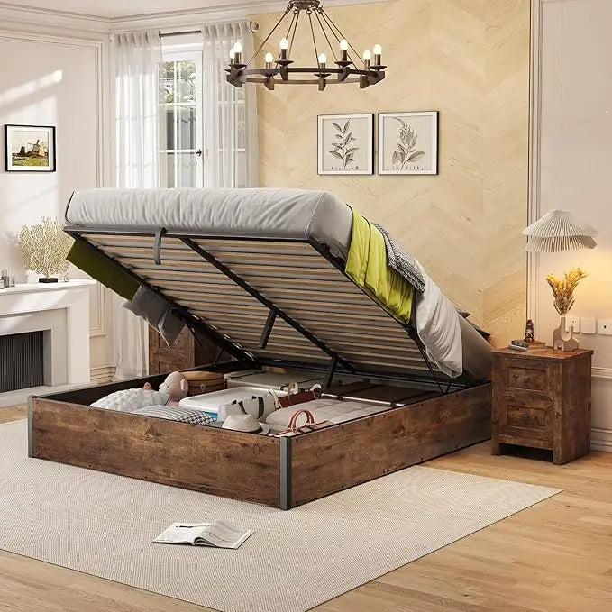 Queen Lift-Up Storage Bed — Wooden Platform with Under-Bed Storage