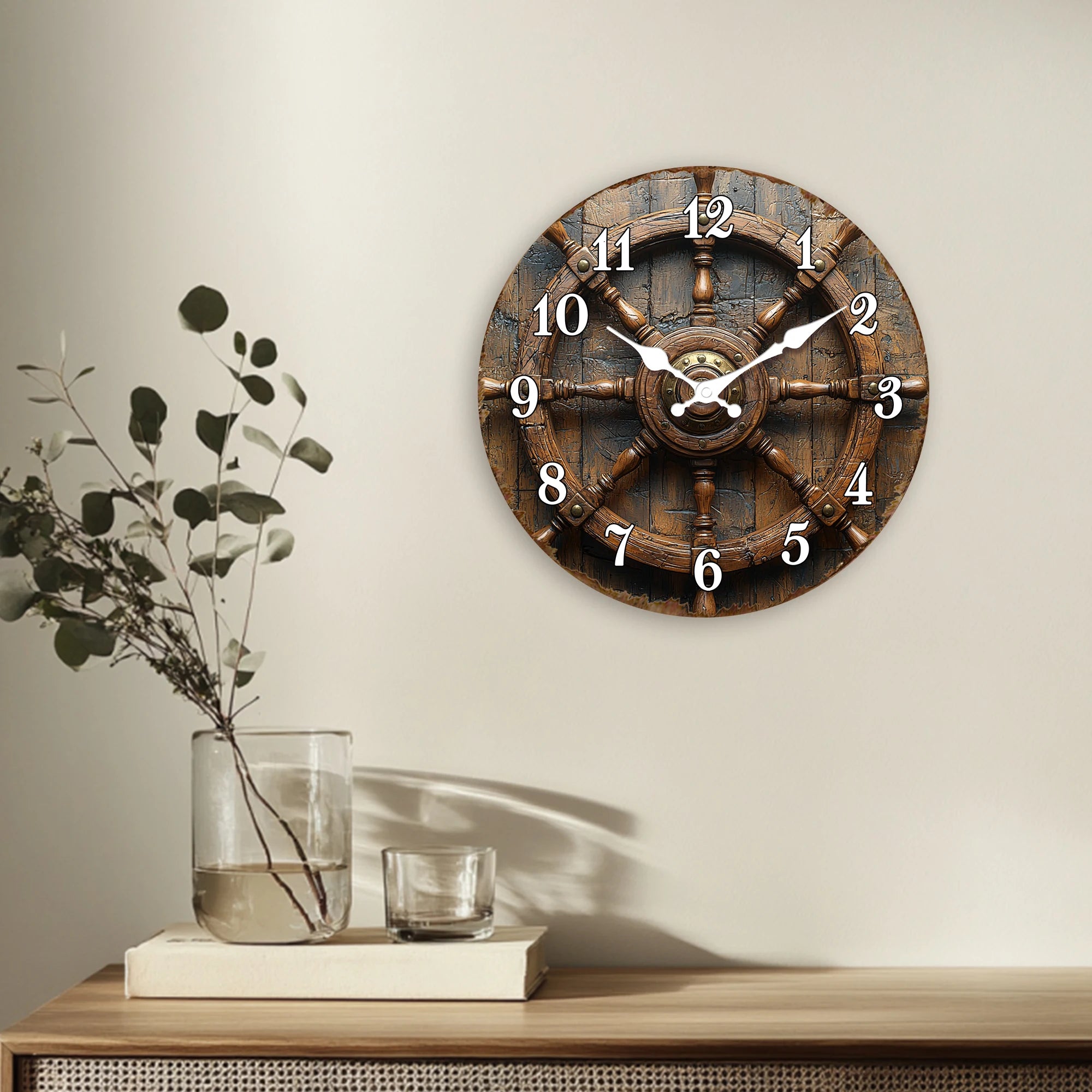 Antique Wooden Ship Steering Wheel Wall Clock - Nautical Decor for Office