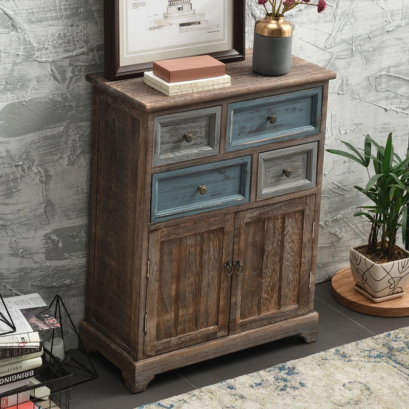 ‌Distressed Mediterranean Sideboard‌ Mortise-Tenon Solid Wood Storage