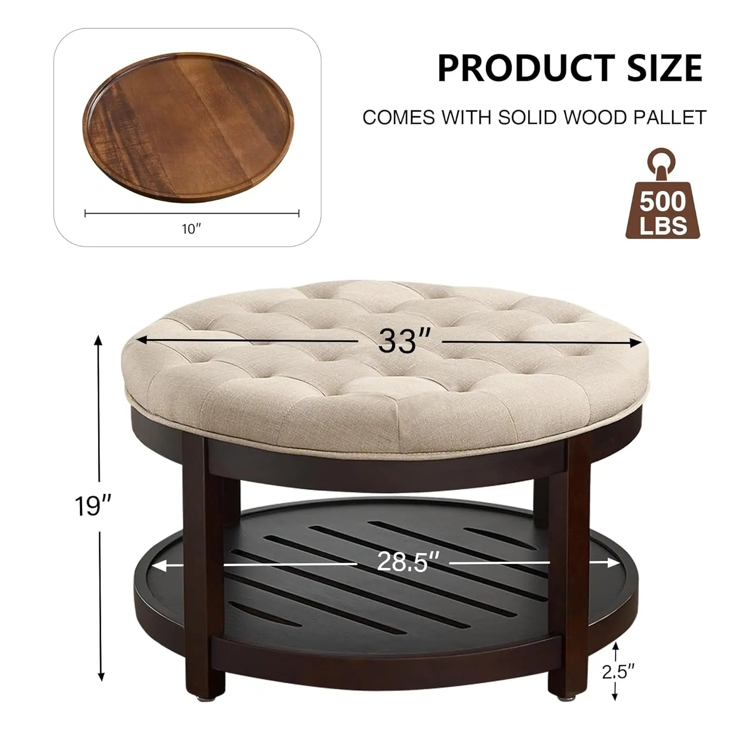 Large Round Ottoman Coffee Table with Storage, Upholstered Button Tufted