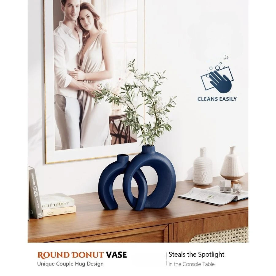 Vase Set of 2 Donut Navy Vases Home Decor, Modern Coastal Decor Decorative