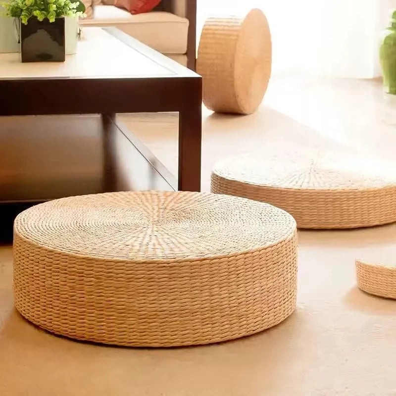 Handmade Woven Natural Straw Round Pouf Tatami Cushion Floor Cushion Home