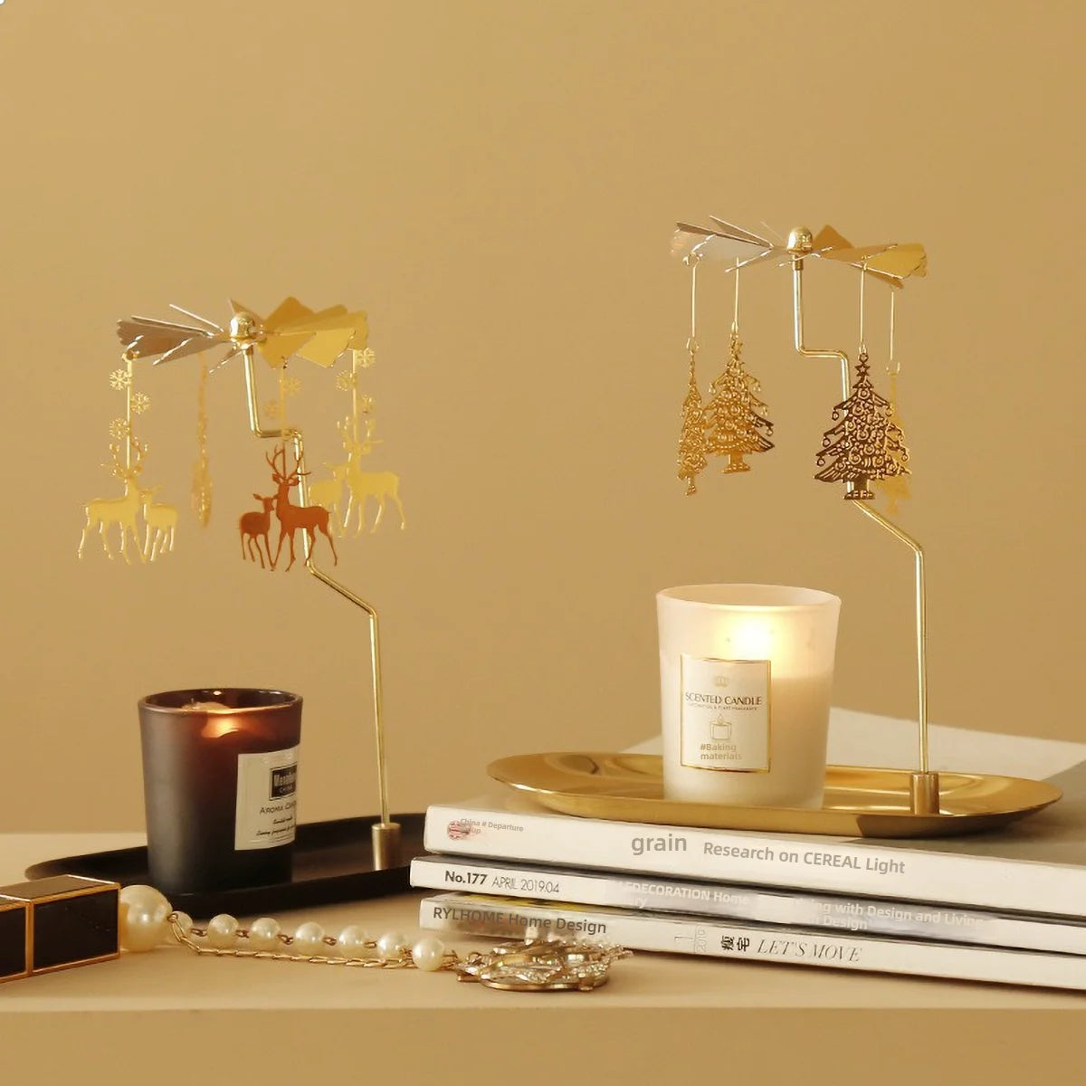 Windmill Rotating Candle Holder Lamp Gold Metal for Table Design Candlesticks