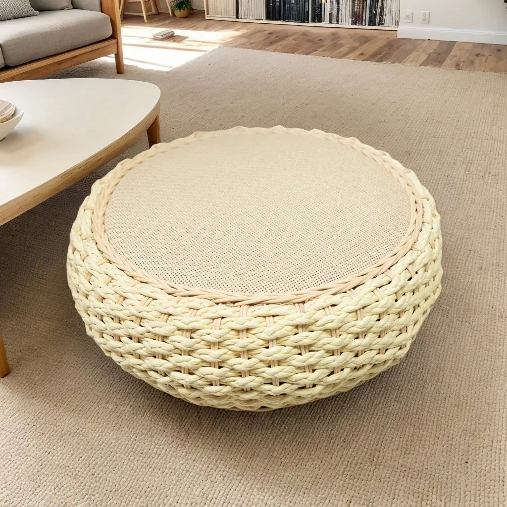 Handwoven Water Hyacinth Rattan Stool, Bohemian Round Ottoman for Bedroom