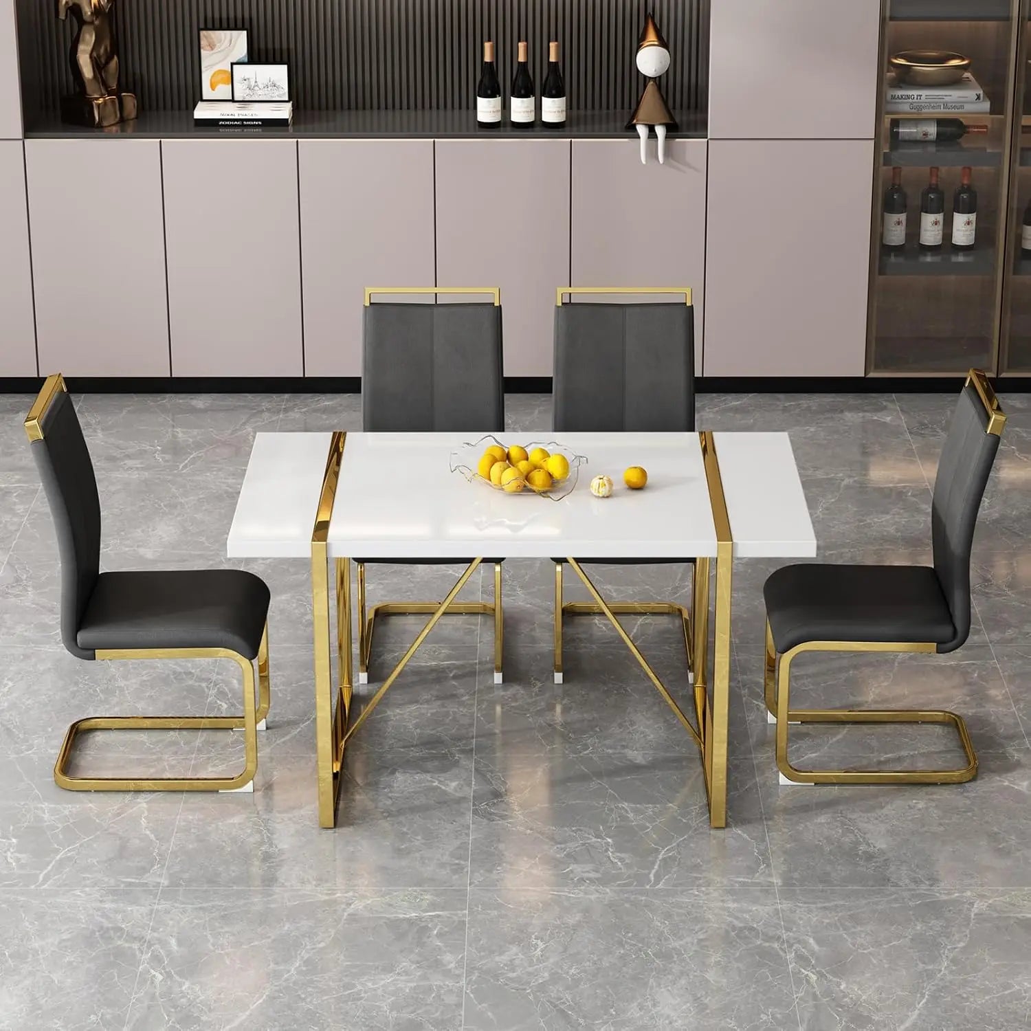 Dining Table Set for 4，White Rectangular Kitchen Table and Leather Dining Chairs