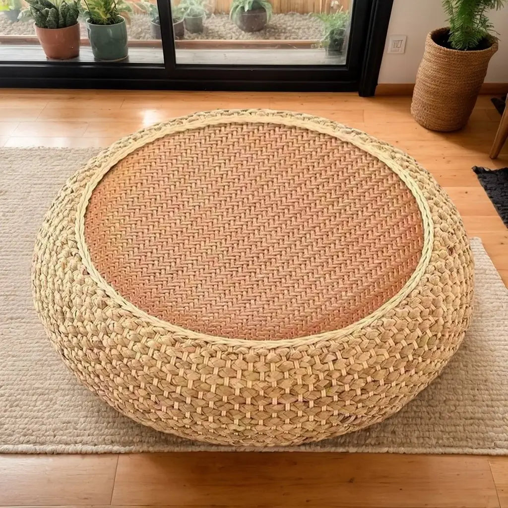 Handwoven Water Hyacinth Rattan Stool, Bohemian Round Ottoman for Bedroom