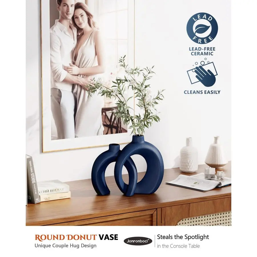 Vase Set of 2 Donut Navy Vases Home Decor, Modern Coastal Decor Decorative
