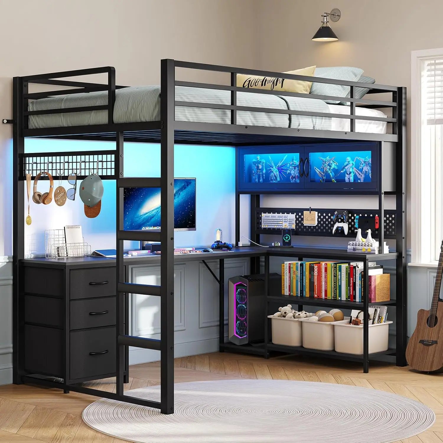 Twin Loft Bed L-Shaped Gaming Desk Storage Hutch Power Outlet Metal Frame RGB Lights Space Saving Teens Black, Customized