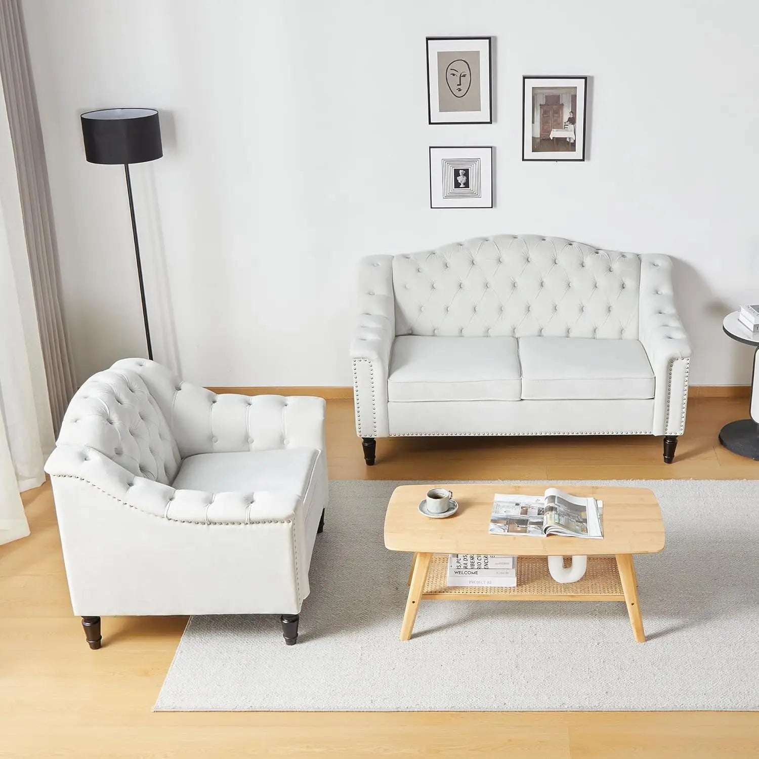 White Velvet Upholstered High Back Armchair Mid-Century Solid Wood Legs