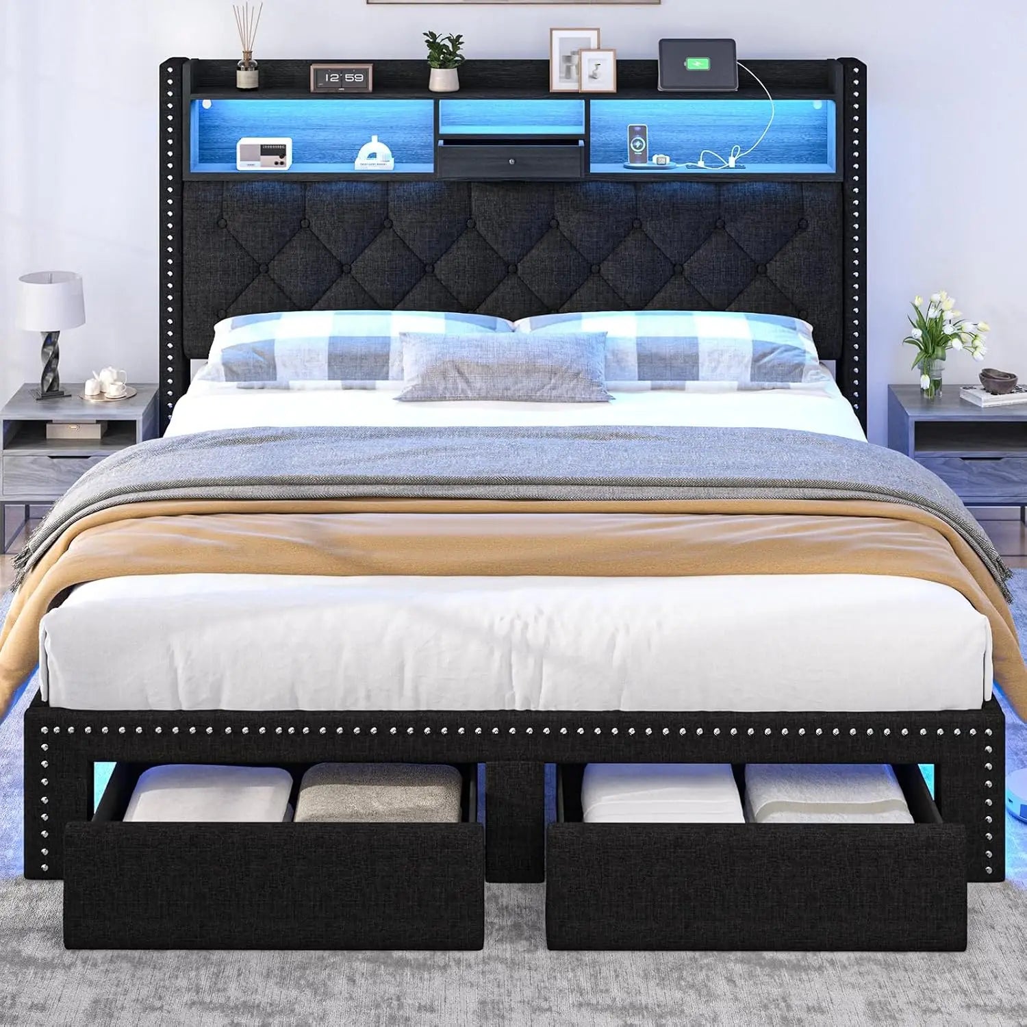 Linen Full Size Bed Frame with 2-Tier Storage Headboard and Charging Station, Upholstered Platform Bed Frames with, Customized