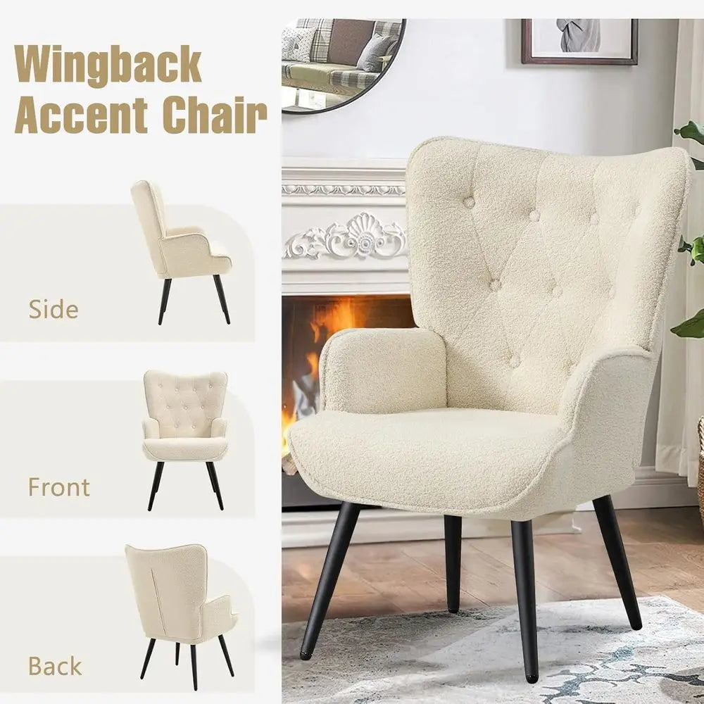 Ivory High-Back Wingback Chair Tufted Accent for Living Room or Bedroom