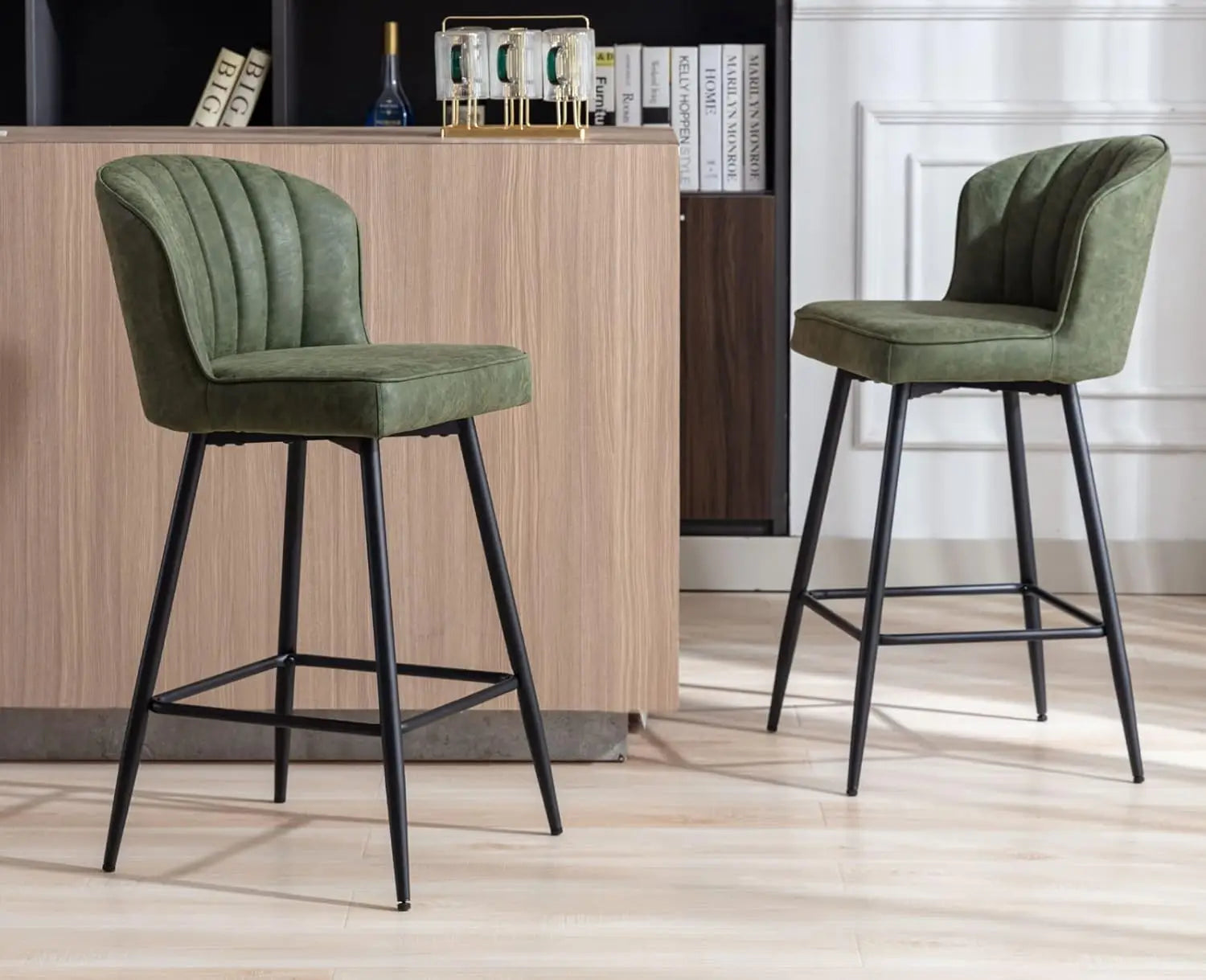 Counter Height Bar Stools Set of 2, Modern Leather Upholstered with Metal