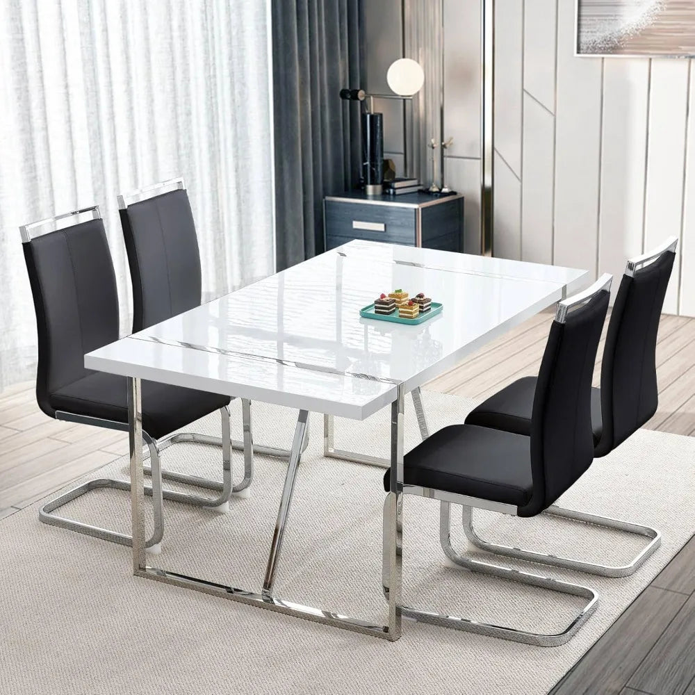 Dining Table Set for 4，White Rectangular Kitchen Table and Leather Dining Chairs